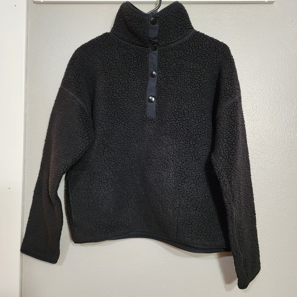 J Crew Top Vintage Fleece Women's Size XS Black Snap Button Mock Neck Pullover